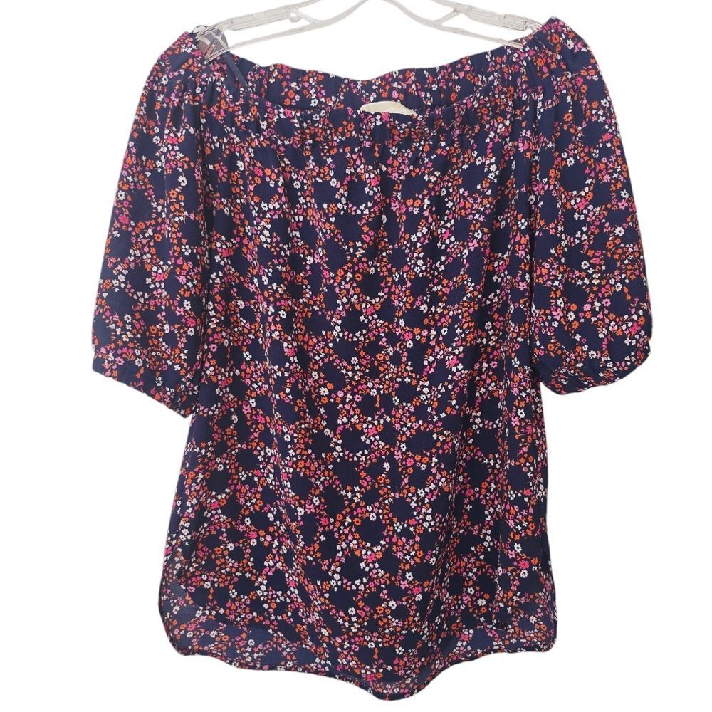 Michael Kors -623‎ Off Shoulder Elbow Sleeve Navy Floral Blouse XS